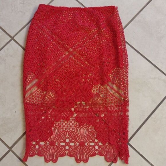 Sugar + Lips Red Lace Skirt tulip-hem Pencil Skirt miniskirt S Cute Sexy - Picture 3 of 14